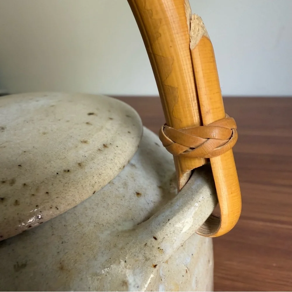 Vintage Japanese Hand Crafted Pottery Teapot w/Bamboo Handle, Signed